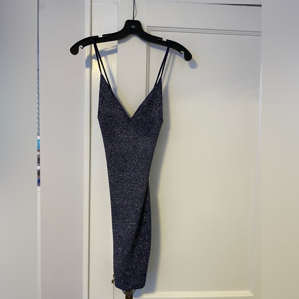 Navy sparkly dress with open back detail